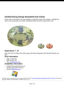 Certified Strong Change Alexandrite Oval 3.52cts. A fairly well cut alexandrite, the stone displays a moderate to good color change. In daylight the stone is olive gray green, and under incandescent light, the stone is g