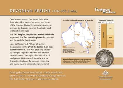 De v o n i a n P e r i o d[removed] . 2 M a ) Gondwana covered the South Pole, with Australia still at its northern end just south of the Equator. Global temperatures were on average six degrees warmer than today 