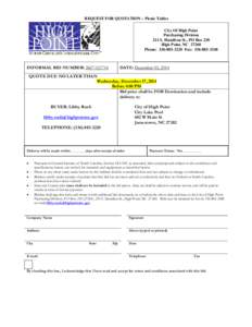 REQUEST FOR QUOTATION – Picnic Tables City Of High Point Purchasing Division 211 S. Hamilton St., PO Box 230 High Point, NC[removed]Phone: [removed]Fax: [removed]