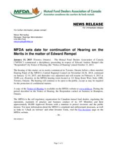 News release - MFDA sets date for continuation of Hearing on the Merits in the matter of Edward Rempel