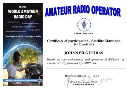 LABRE RORAIMA  Certificate of participation - Satellite MarathonaprilJOHAN FILGUEIRAS