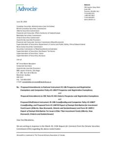 Comment letter from Greg Pollock & David Juvet (Advocis) dated June 18, 2014; Re CSA Notice and Request for Comment - Propectus and Registration - Introduction of Proposed Prospectus Exemptions and Proposed Reports o