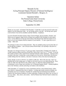 Remarks by the Acting Principal Deputy Director of National Intelligence Lieutenant General Ronald L. Burgess, Jr. Operation Salute The Pennsylvania State University State College, Pennsylvania