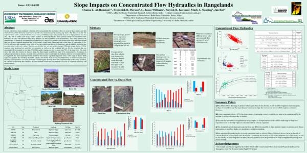 Slope Impacts on Concentrated Flow Hydraulics in Rangelands  Poster: EP31B-0595 Osama Z. Al-Hamdan1,4 , Frederick B. Pierson1, C. Jason Williams1, Patrick R. Kormos2, Mark A. Nearing3, Jan Boll4 1USDA-ARS,