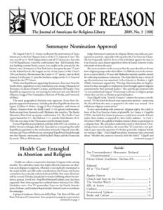 VOICE OF REASON The Journal of Americans for Religious Liberty 2009, NoSotomayor Nomination Approved