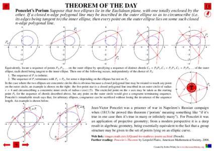 THEOREM OF THE DAY Poncelet’s Porism Suppose that two ellipses lie in the Euclidean plane, with one totally enclosed by the other. If a closed n-edge polygonal line may be inscribed in the outer ellipse so as to circum
