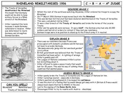 RHINELAND REMILITARISED 1936 • The Treaty of Versailles demilitarised the Rhineland this meant that Germany would not be able to keep military forces in a 50km
