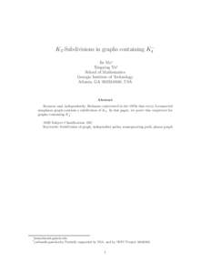K5-Subdivisions in graphs containing K4− Jie Ma∗ Xingxing Yu† School of Mathematics Georgia Institute of Technology Atlanta, GA, USA