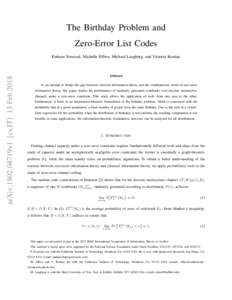 The Birthday Problem and Zero-Error List Codes arXiv:1802.04719v1 [cs.IT] 13 FebParham Noorzad, Michelle Effros, Michael Langberg, and Victoria Kostina