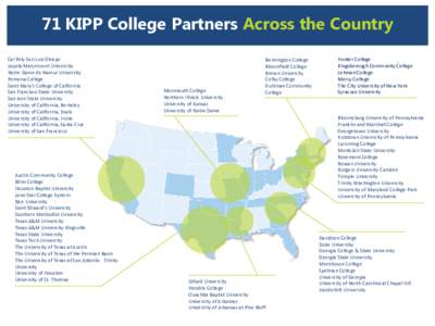 71 KIPP College Partners Across the Country Cal Poly San Luis Obispo Loyola Marymount University Notre Dame de Namur University Pomona College Saint Mary’s College of California