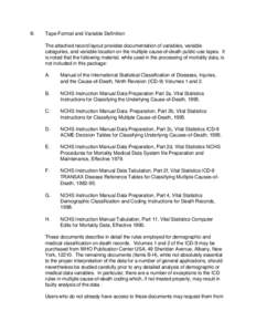 III.  Tape Format and Variable Definition The attached record layout provides documentation of variables, variable categories, and variable location on the multiple cause-of-death public-use tapes. It is noted that the f