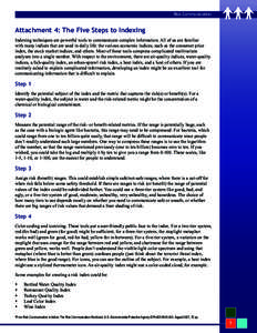 Risk Communication  Attachment 4: The Five Steps to Indexing Indexing techniques are powerful tools to communicate complex information. All of us are familiar with many indices that are used in daily life: the various ec