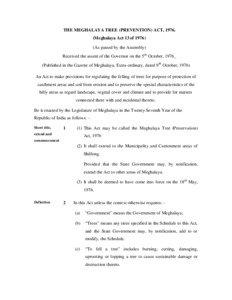 THE MEGHALAYA TREE (PREVENTION) ACT, [removed]Meghalaya Act 13 of[removed]As passed by the Assembly)