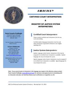 DIRECTORY CERTIFIED COURT INTERPRETERS & REGISTRY OF JUSTICE SYSTEM INTERPRETERS