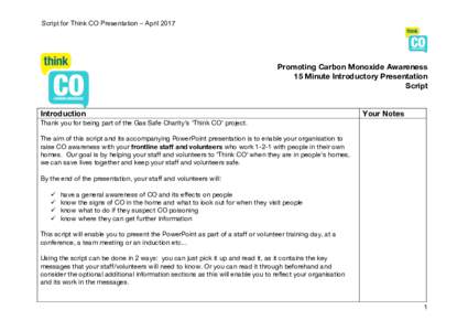 Script for Think CO Presentation – April 2017 Promoting Carbon Monoxide Awareness 15 Minute Introductory Presentation