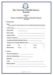 Dow University of Health Sciences, Karachi. Application For  Masters in Health Professions Education Program