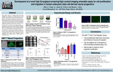 Development of a novel high throughput screening/high content imaging amenable assay for cell proliferation and migration in human embryonic stem cell derived neural progenitors Allan C. Powe, Jr.; Jamie M. Chilton; and 