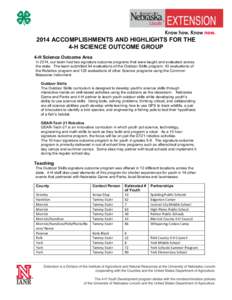 2014 ACCOMPLISHMENTS AND HIGHLIGHTS FOR THE 4-H SCIENCE OUTCOME GROUP 4-H Science Outcome Area In 2014, our team had two signature outcome programs that were taught and evaluated across the state. The team submitted 94 e
