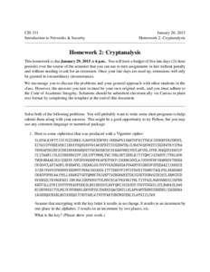 CIS 331 Introduction to Networks & Security January 20, 2015 Homework 2: Cryptanalysis