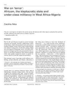 Article	  War on ‘terror’: Africom, the kleptocratic state and under-class militancy in West Africa-Nigeria Caroline Ifeka