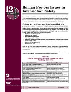 12  Human Factors Issues in Intersection Safety Research indicates that driver error may account for approximately 90 percent of all crashes. While advances in automotive safety and highway design continue to improve, th