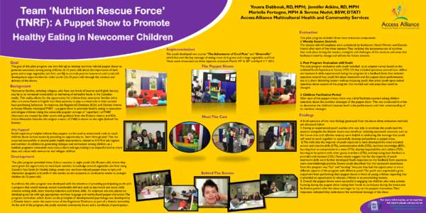 Yousra Dabbouk, RD, MPH; Jennifer Atkins, RD, MPH Mariella Fortugno, MPH & Serena Nudel, BSW, DTATI Access Alliance Multicultural Health and Community Services Team ‘Nutrition Rescue Force’ (TNRF): A Puppet Show to P
