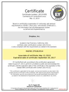 Certificate Certificate number: Certified by EY CertifyPoint since: May 13, 2015  Based on certification examination in conformity with defined