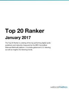 Top 20 Ranker January 2017 The Top 20 Ranker is a listing of the top performing digital audio publishers and networks measured by the MRC Accredited Webcast Metrics® platform. It includes global and U.S. listening, as w
