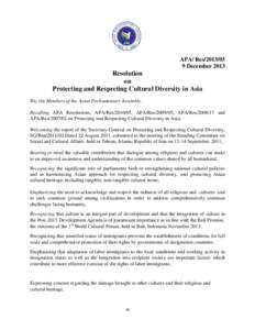 APA/ ResDecember 2013 Resolution on Protecting and Respecting Cultural Diversity in Asia