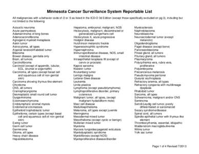 Minnesota Cancer Surveillance System Reportable List All malignancies with a behavior code of /2 or /3 as listed in the ICD-O 3d Edition (except those specifically excluded on pg 3), including but not limited to the foll