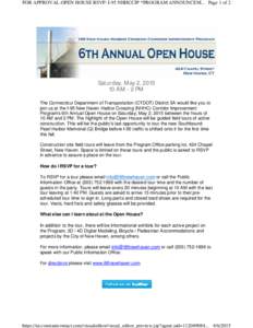FOR APPROVAL-OPEN HOUSE RSVP: I-95 NHHCCIP *PROGRAM ANNOUNCEM... Page 1 of 2  Saturday, May 2, [removed]AM - 2 PM The Connecticut Department of Transportation (CTDOT) District 3A would like you to join us at the I-95 New 