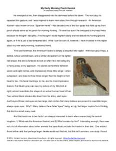 My Early Morning Porch Kestrel an expository essay from Mr. Harrison He swooped at me, then disappeared into the darkness before the dawn. The next day, he repeated this gesture, and I was inspired to learn more about hi