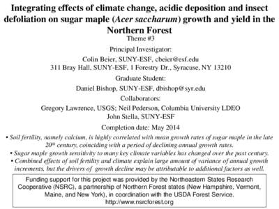 Integrating effects of climate change, acidic deposition and insect defoliation on sugar maple (Acer saccharum) growth and yield in the Northern Forest Theme #3 Principal Investigator: Colin Beier, SUNY-ESF, cbeier@esf.e