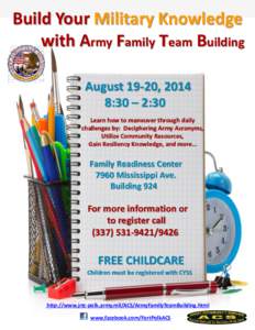 Build Your Military Knowledge with Army Family Team Building August 19-20, 2014 8:30 – 2:30 Learn how to maneuver through daily challenges by: Deciphering Army Acronyms,