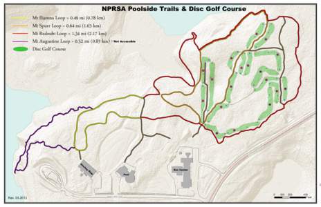 NPRSA Poolside Trails & Disc Golf Course  Mt Iliamna Loop = 0.49 mikm) Mt Spurr Loop = 0.64 mikm) Mt Redoubt Loop = 1.34 mikm) Mt Augustine Loop = 0.52 mikm)