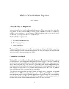 Modes of Constitutional Argument Paul Gowder Three Modes of Argument In constitutional law, we have three key modes of argument. These modes also show up in other areas of law, but they look a bit different in this cours