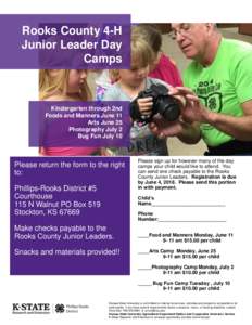 Rooks County 4-H Junior Leader Day Camps Kindergarten through 2nd Foods and Manners June 11