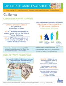 2014 STATE CSBG FACTSHEETS From the CA FFY 2013 Community Services Block Grant Information System Survey California CSBG NETWORK PARTICIPANTS California administers CSBG to