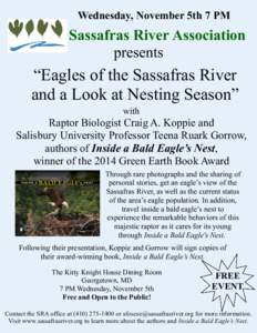 Wednesday, November 5th 7 PM  Sassafras River Association presents  “Eagles of the Sassafras River