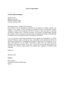 Letter of Appreciation  To Herb Feith Foundation, Faculty of Arts Monash University Wellington Road Clayton