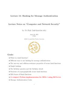Lecture 15: Hashing for Message Authentication  Lecture Notes on “Computer and Network Security” by Avi Kak () April 30, 2015 3:29pm
