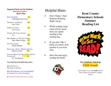 Suggested Book List for Students Entering Grade 5 Book Titles Bud, Not Buddy RC