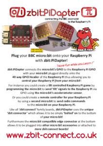 zbit:connector sold separately Plug your BBC micro:bit onto your Raspberry Pi with zbit:PiDapter! zbit:PiDapter connects the micro:bit’s GPIO to the Raspberry Pi GPIO