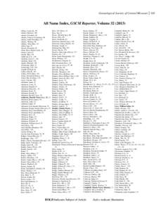 Genealogical Society of Central Missouri 163  All Name Index, GSCM Reporter, Volume[removed]Abbay, Louisa K., 98 Abbott, Michael, 150 Adams, Elizabeth, 98