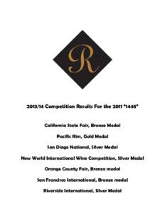 Competition Results For the 2011 “1448” California State Fair, Bronze Medal Pacific Rim, Gold Medal San Diego National, Silver Medal New World International Wine Competition, Silver Medal Orange County Fair, 