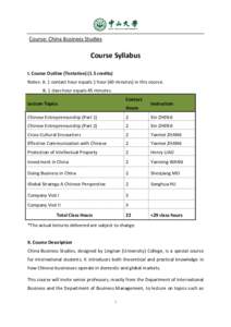 Course: China Business Studies  Course Syllabus I. Course Outline (Tentativecredits) Notes: A. 1 contact hour equals 1 hour (60 minutes) in this course; B. 1 class hour equals 45 minutes.