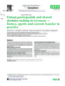 Available online at www.sciencedirect.com  Z. Evid. Fortbild. Qual. Gesundh. wesen (ZEFQ–270 Patient participation and shared decision making in Germany –