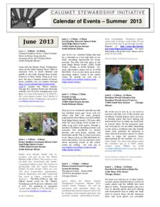 Calendar of Events – Summer[removed]June 2013 June 1 • 8:00am - 12:00pm Calumet Outdoor Series - Little Calumet River In-Water Clean Up Day