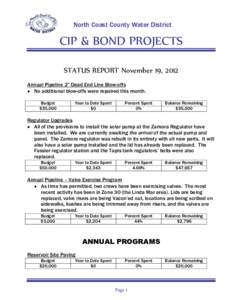 North Coast County Water District  CIP & BOND PROJECTS STATUS REPORT November 19, 2012 Annual Pipeline 2” Dead End Line Blow-offs  No additional blow-offs were repaired this month.