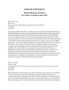 RESEARCH PROGRAM Medical Research Abstracts for Grants Awarded in June 2015 Boston University Boston, MA
